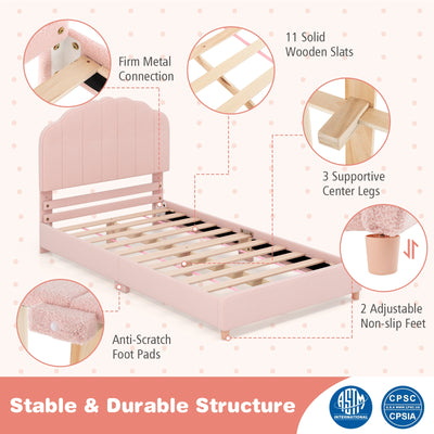 Twin Bed Frame with Height-Adjustable Headboard and Sturdy Wooden Slats-Pink