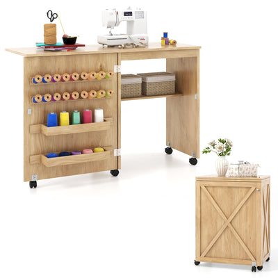 Folding Sewing Table with Storage Shelf and 5 Lockable Wheels-Natural