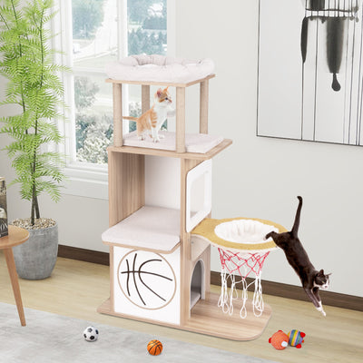 47 Inches Wooden Cat Tree with 2-Story Cat Condo and Basketball Hoop Hammock-Natural