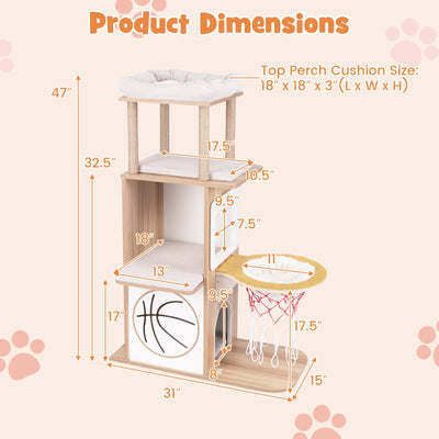 47 Inches Wooden Cat Tree with 2-Story Cat Condo and Basketball Hoop Hammock-Natural