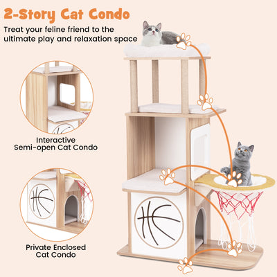 47 Inches Wooden Cat Tree with 2-Story Cat Condo and Basketball Hoop Hammock-Natural