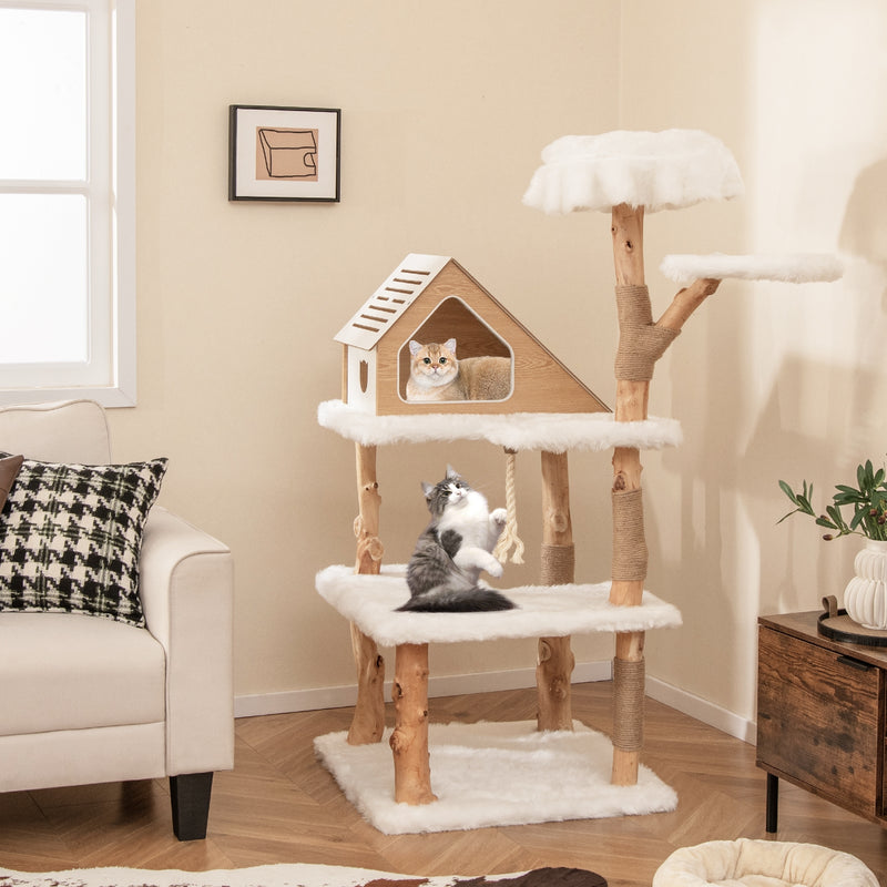 60 Inch Tall Solid Wood Cat Tree Modern Wooden Cat Tower with 2 Perches-White