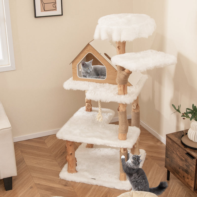 60 Inch Tall Solid Wood Cat Tree Modern Wooden Cat Tower with 2 Perches-White