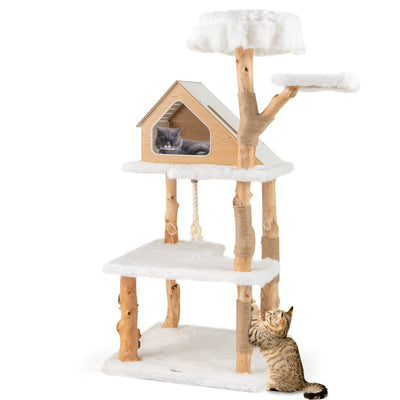 60 Inch Tall Solid Wood Cat Tree Modern Wooden Cat Tower with 2 Perches-White