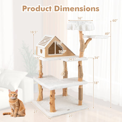 60 Inch Tall Solid Wood Cat Tree Modern Wooden Cat Tower with 2 Perches-White