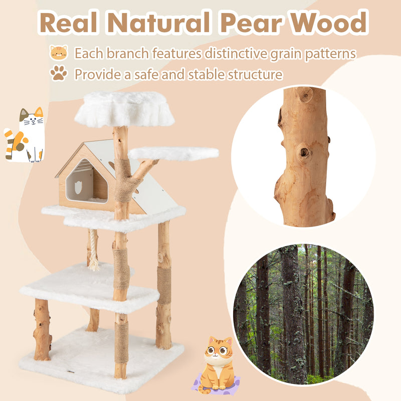 60 Inch Tall Solid Wood Cat Tree Modern Wooden Cat Tower with 2 Perches-White