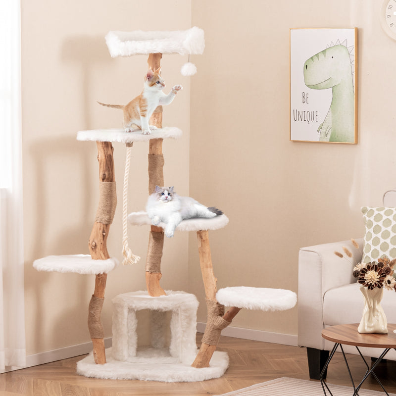 66 Inch Tall Solid Wood Cat Tree Modern Wooden Cat Tower with Perch-White