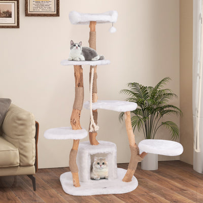 66 Inch Tall Solid Wood Cat Tree Modern Wooden Cat Tower with Perch-White