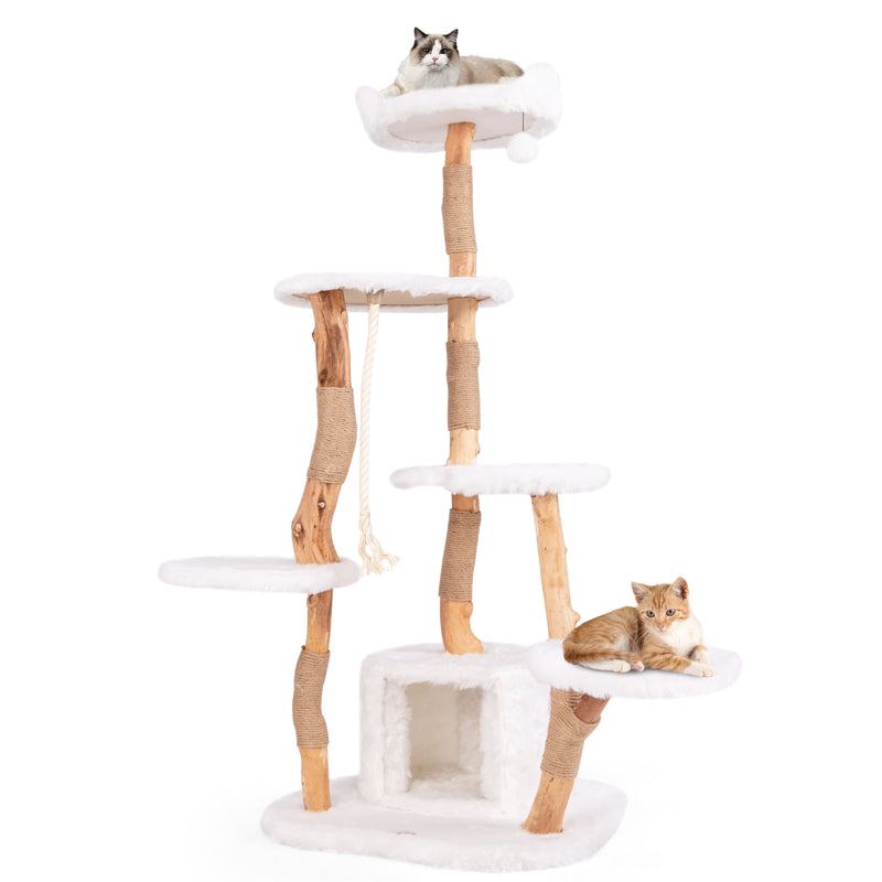 66 Inch Tall Solid Wood Cat Tree Modern Wooden Cat Tower with Perch-White