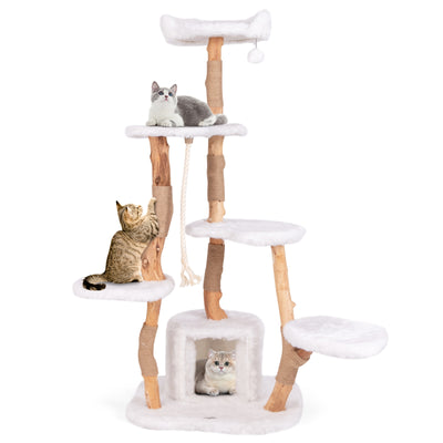 66 Inch Tall Solid Wood Cat Tree Modern Wooden Cat Tower with Perch-White