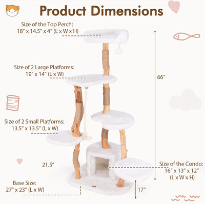 66 Inch Tall Solid Wood Cat Tree Modern Wooden Cat Tower with Perch-White