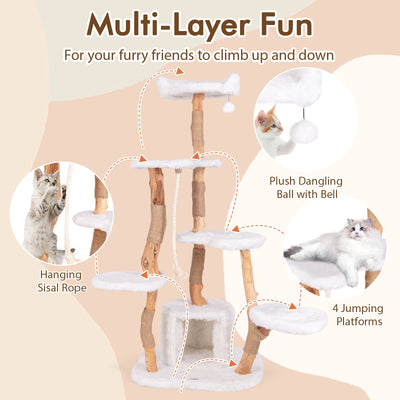 66 Inch Tall Solid Wood Cat Tree Modern Wooden Cat Tower with Perch-White