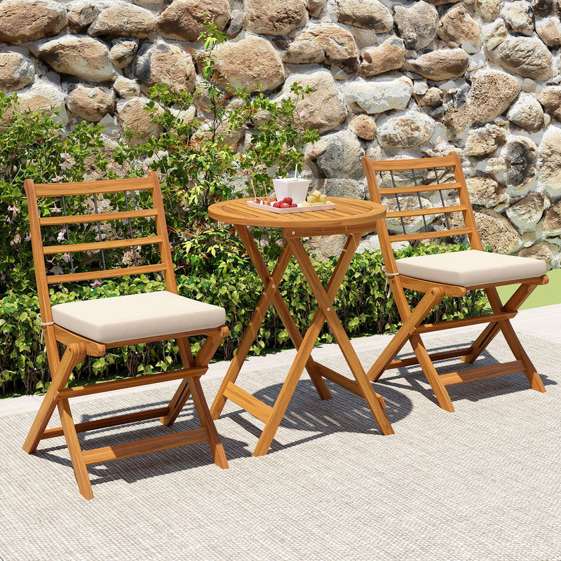 3 Pieces Acacia Wood Patio Bistro Set with Cushions-White