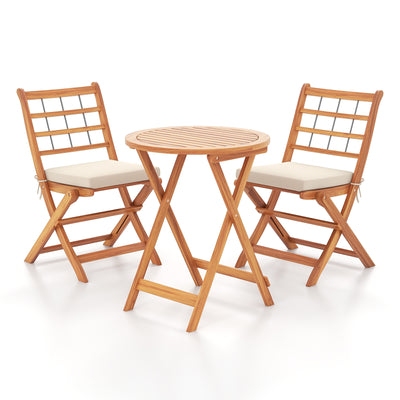 3 Pieces Acacia Wood Patio Bistro Set with Cushions-White