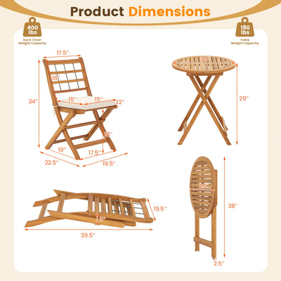 3 Pieces Acacia Wood Patio Bistro Set with Cushions-White