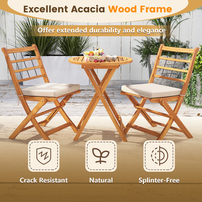 3 Pieces Acacia Wood Patio Bistro Set with Cushions-White