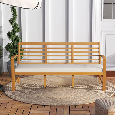 Patio 64 Inch Wood Bench with Seat Cushion and Slatted Seat for Backyard-Off White