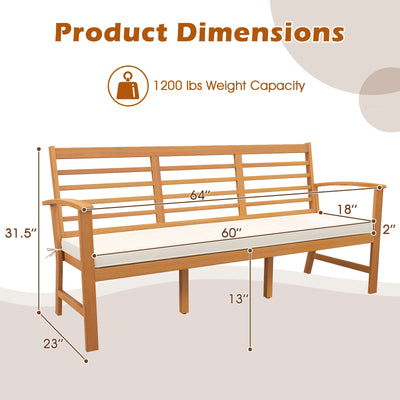 Patio 64 Inch Wood Bench with Seat Cushion and Slatted Seat for Backyard-Off White