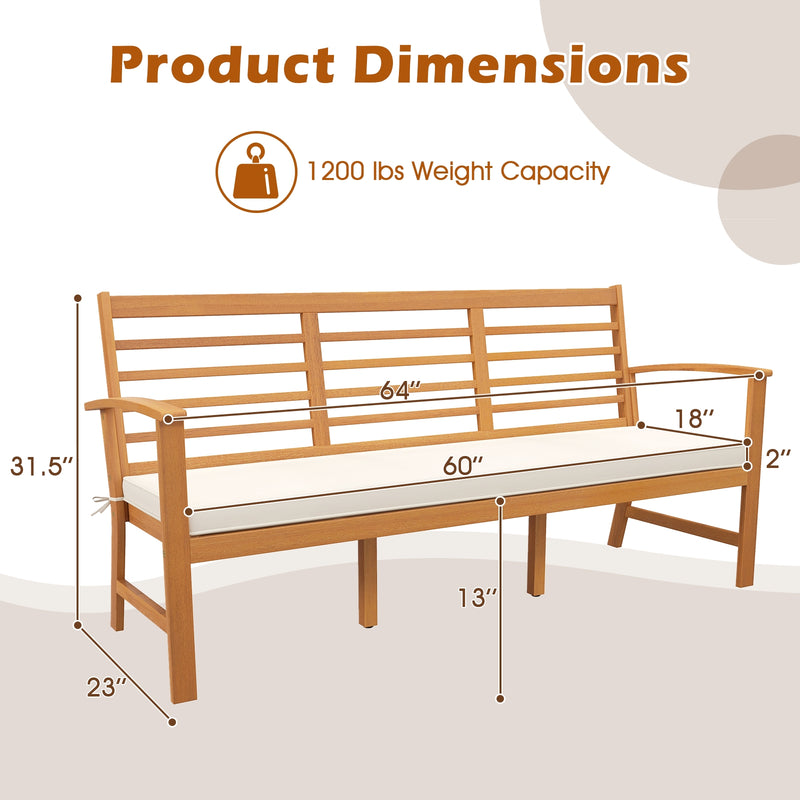 Patio 64 Inch Wood Bench with Seat Cushion and Slatted Seat for Backyard-Off White