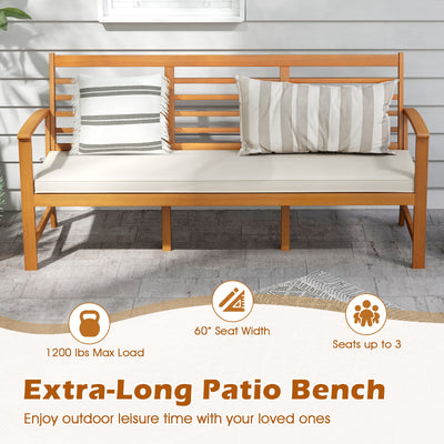 Patio 64 Inch Wood Bench with Seat Cushion and Slatted Seat for Backyard-Off White