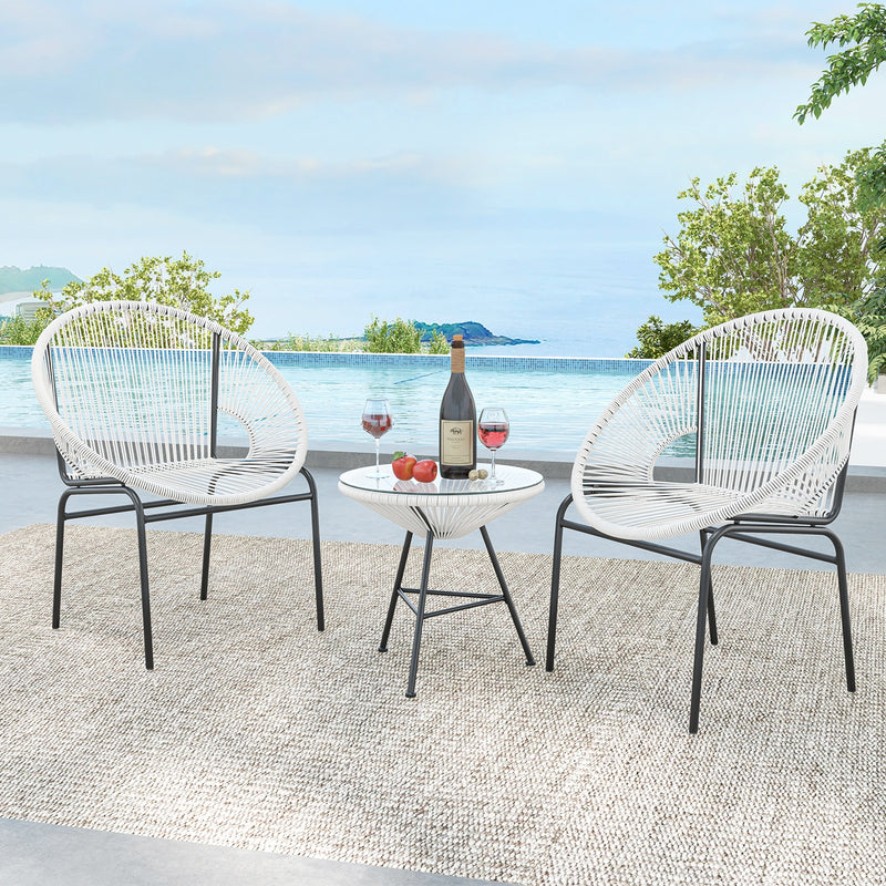 3 Pieces Patio Acapulco Furniture Bistro Set with Glass Table-White