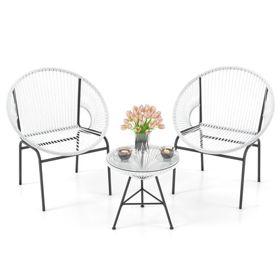 3 Pieces Patio Acapulco Furniture Bistro Set with Glass Table-White