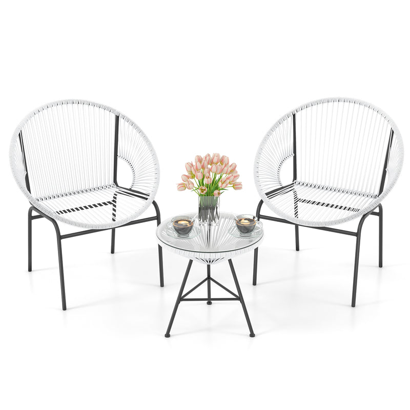 3 Pieces Patio Acapulco Furniture Bistro Set with Glass Table-White