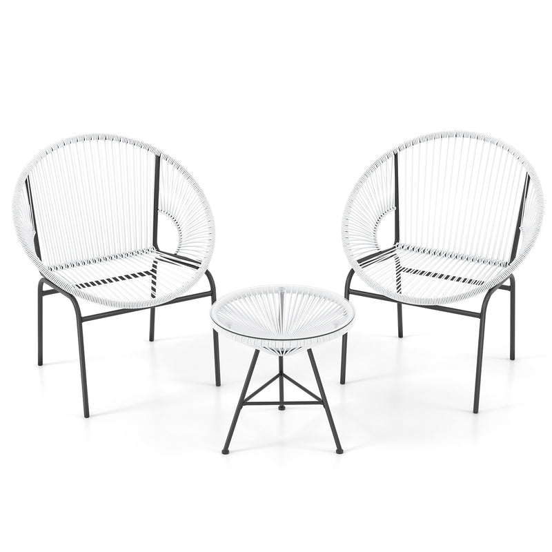 3 Pieces Patio Acapulco Furniture Bistro Set with Glass Table-White