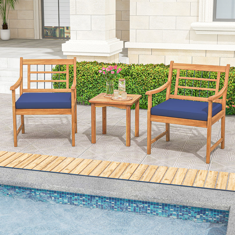 3 Piece Wood Patio Furniture Set with Seat Cushions and Acacia Wood Frame-Navy