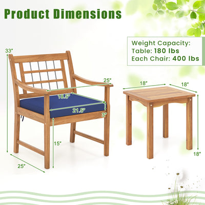 3 Piece Wood Patio Furniture Set with Seat Cushions and Acacia Wood Frame-Navy