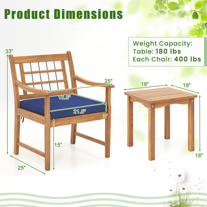 3 Piece Wood Patio Furniture Set with Seat Cushions and Acacia Wood Frame-Navy