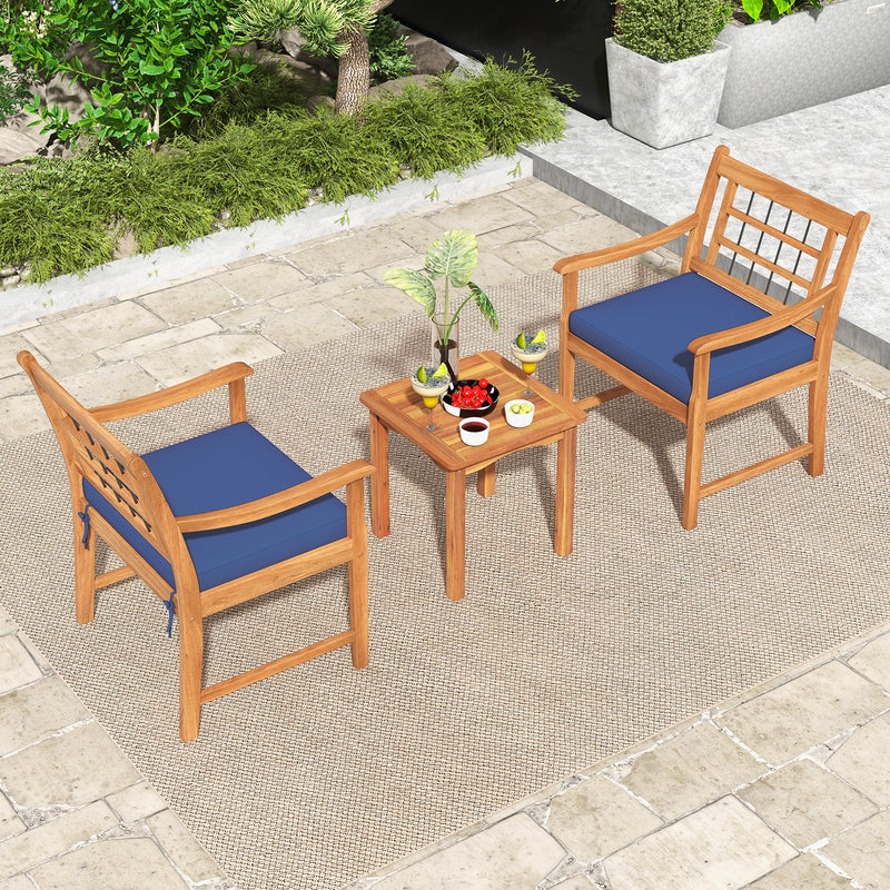 3 Piece Wood Patio Furniture Set with Seat Cushions and Acacia Wood Frame-Navy