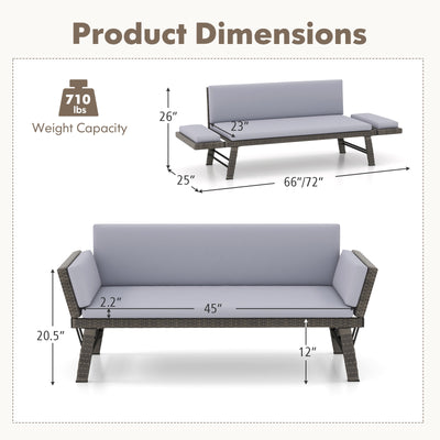 Outdoor Convertible Sofa Daybed with Adjustable Armrests for Balcony-Gray