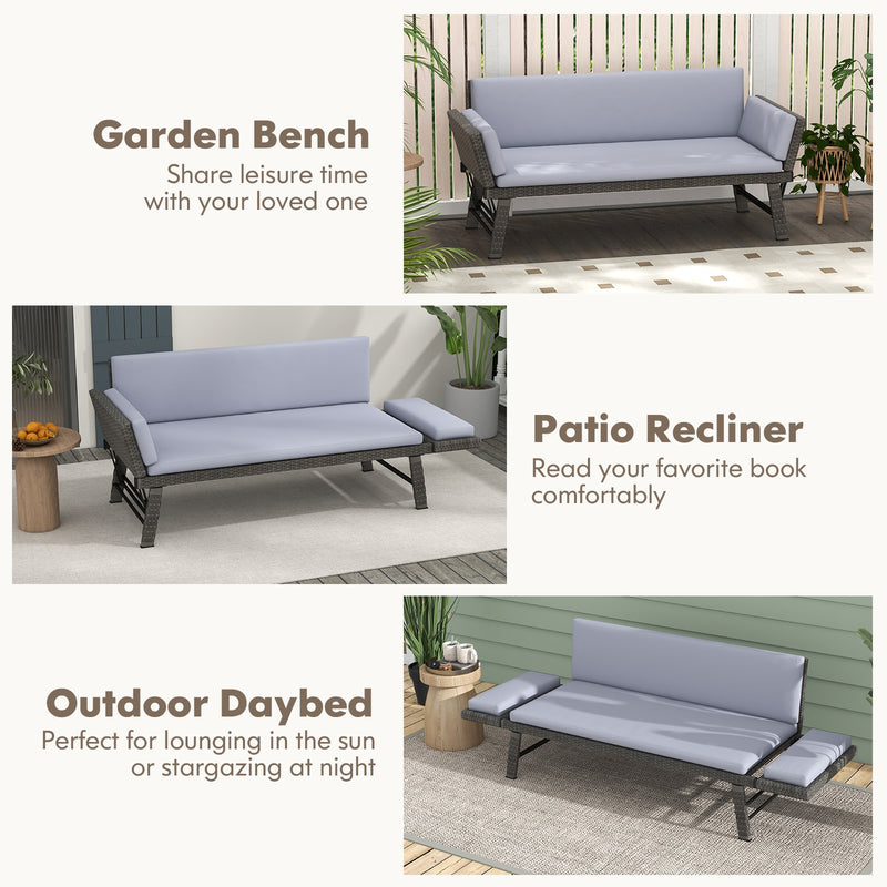 Outdoor Convertible Sofa Daybed with Adjustable Armrests for Balcony-Gray