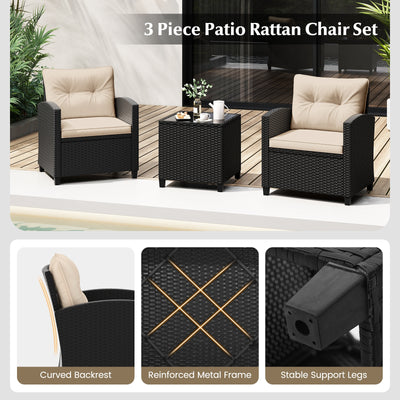 3 Pieces Patio Furniture Set with Tempered Glass Coffee Table-Off White