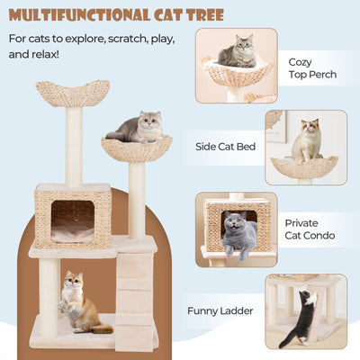 48 Inch Cattail Cat Tower with Sisal Scratching Posts Perch and Condo-Beige