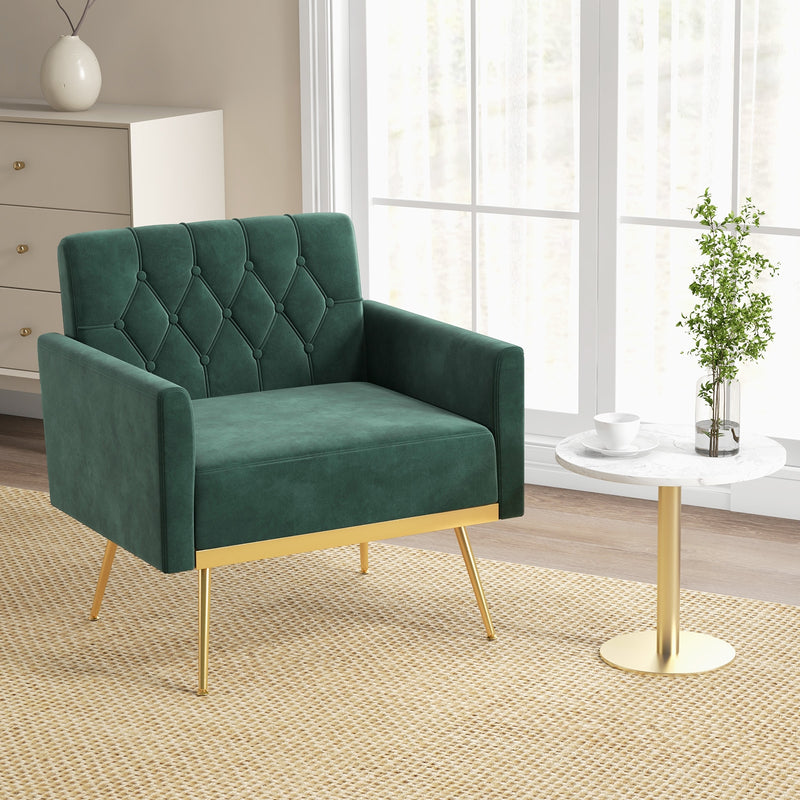 Modern Velvet Accent Chair with Button Tufted Back Golden Metal Legs and Adjustable Foot Pads-Green