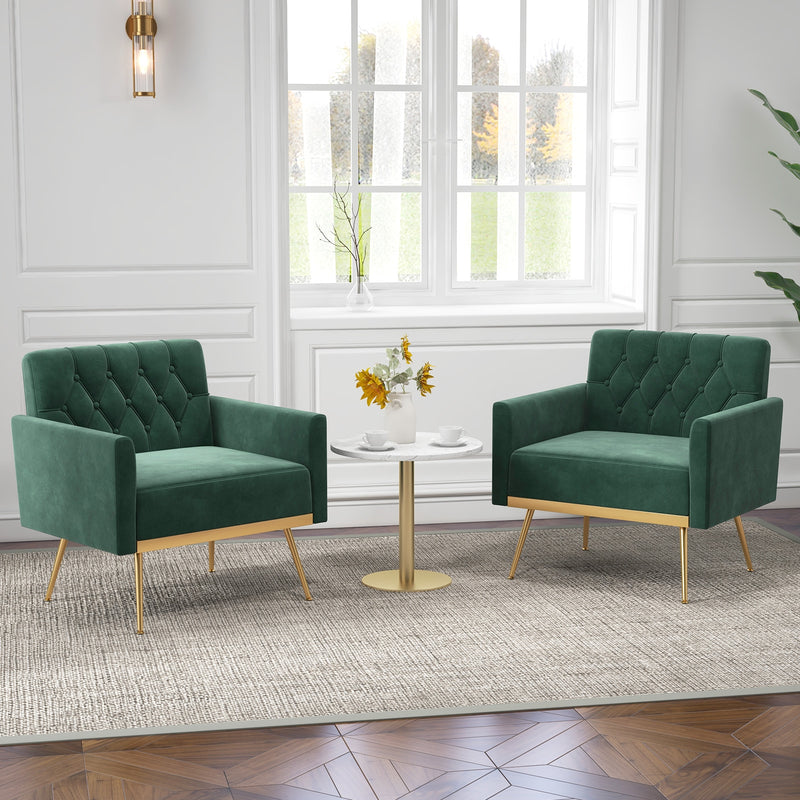 Modern Velvet Accent Chair with Button Tufted Back Golden Metal Legs and Adjustable Foot Pads-Green