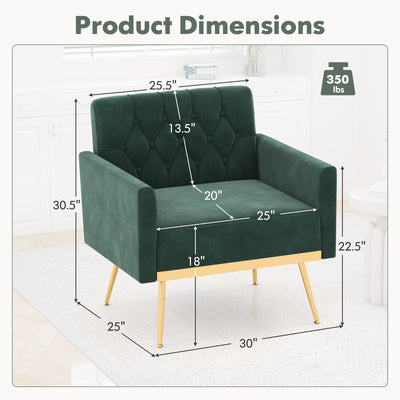 Modern Velvet Accent Chair with Button Tufted Back Golden Metal Legs and Adjustable Foot Pads-Green