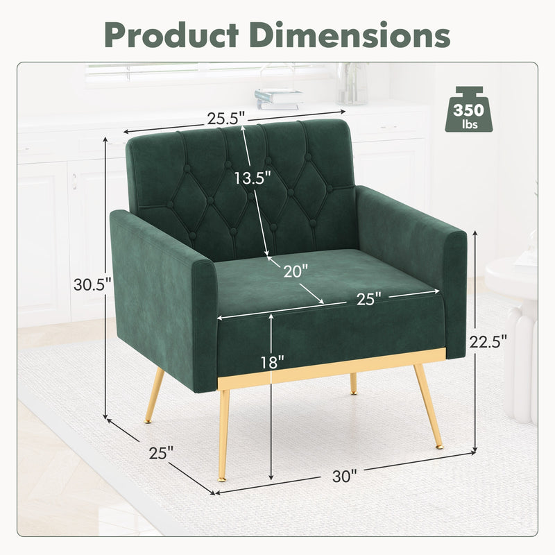 Modern Velvet Accent Chair with Button Tufted Back Golden Metal Legs and Adjustable Foot Pads-Green