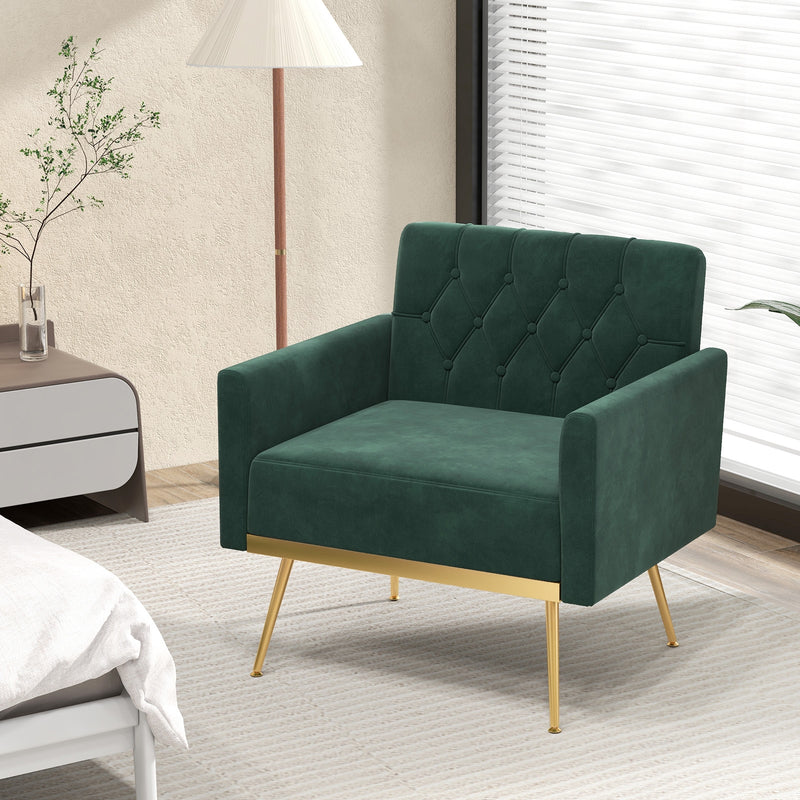 Modern Velvet Accent Chair with Button Tufted Back Golden Metal Legs and Adjustable Foot Pads-Green