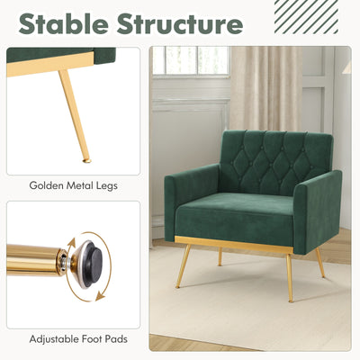 Modern Velvet Accent Chair with Button Tufted Back Golden Metal Legs and Adjustable Foot Pads-Green