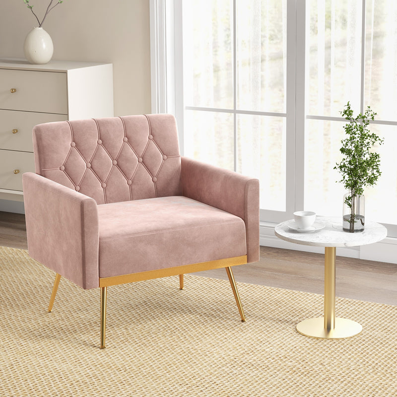 Modern Velvet Accent Chair with Button Tufted Back Golden Metal Legs and Adjustable Foot Pads-Pink