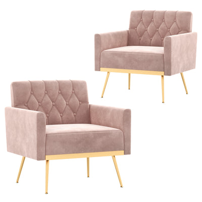 Modern Velvet Accent Chair with Button Tufted Back Golden Metal Legs and Adjustable Foot Pads-Pink