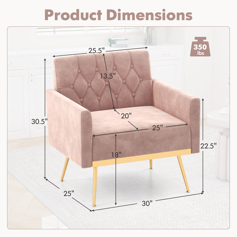 Modern Velvet Accent Chair with Button Tufted Back Golden Metal Legs and Adjustable Foot Pads-Pink