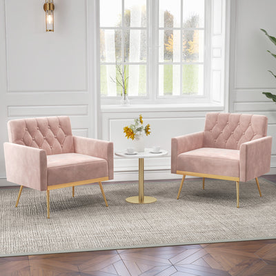 Modern Velvet Accent Chair with Button Tufted Back Golden Metal Legs and Adjustable Foot Pads-Pink