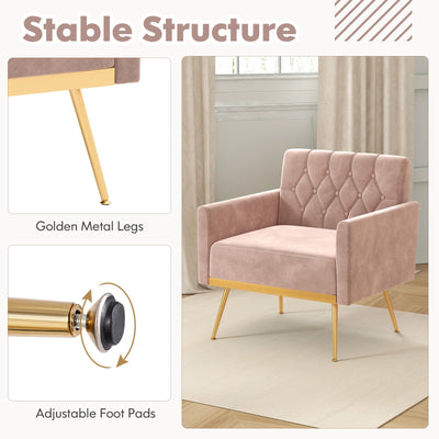 Modern Velvet Accent Chair with Button Tufted Back Golden Metal Legs and Adjustable Foot Pads-Pink