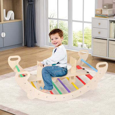 4-in-1 Multifunctional Wooden Climbing Toys with Rocker and Crawling Tunnel-Multicolor