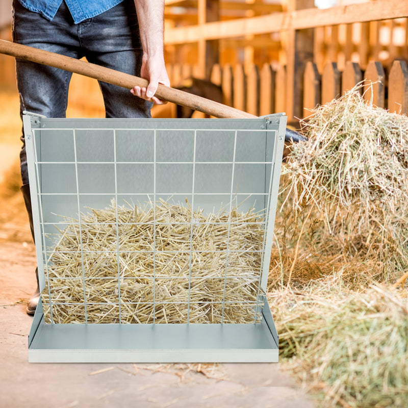 2-in-1 Wall-Mounted Hay Rack Hay and Grain Feeder with Adjustable Hooks-Silver