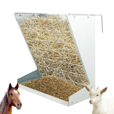 2-in-1 Wall-Mounted Hay Rack Hay and Grain Feeder with Adjustable Hooks-Silver